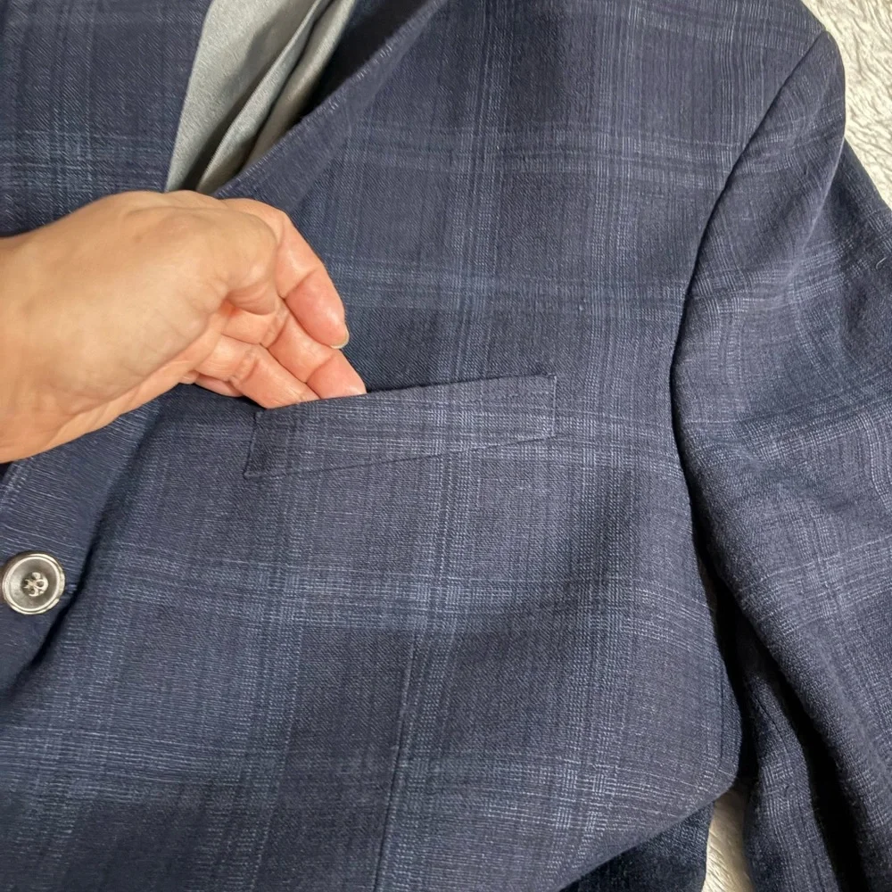 JOS A BANK Linen Men 44R Tailored Fit Blazer Sport Coat Jacket Blue Plaid